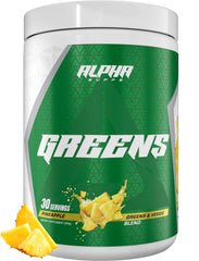 Alpha Supps Alpha Greens bottle pouring powder for a refreshing daily greens boost.