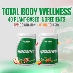 Alpha Greens ingredient blend label close-up showcases plant-based nutrients
