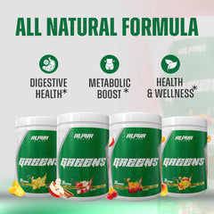 Alpha Supps Alpha Greens nutrition label image highlights prebiotic fiber and probiotics.