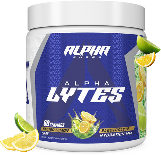 Alpha Supps Alpha Lytes front label highlighting zero sugar hydration benefits.