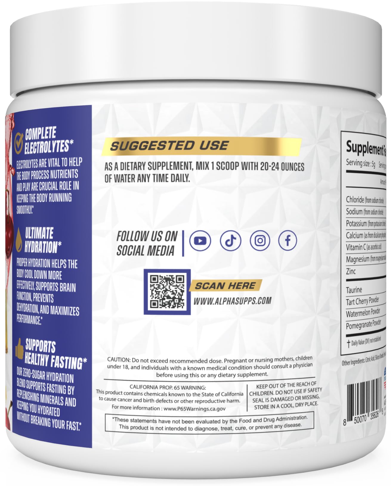 Alpha Supps Alpha Lytes front packaging showing 60 servings and sugar-free claim.