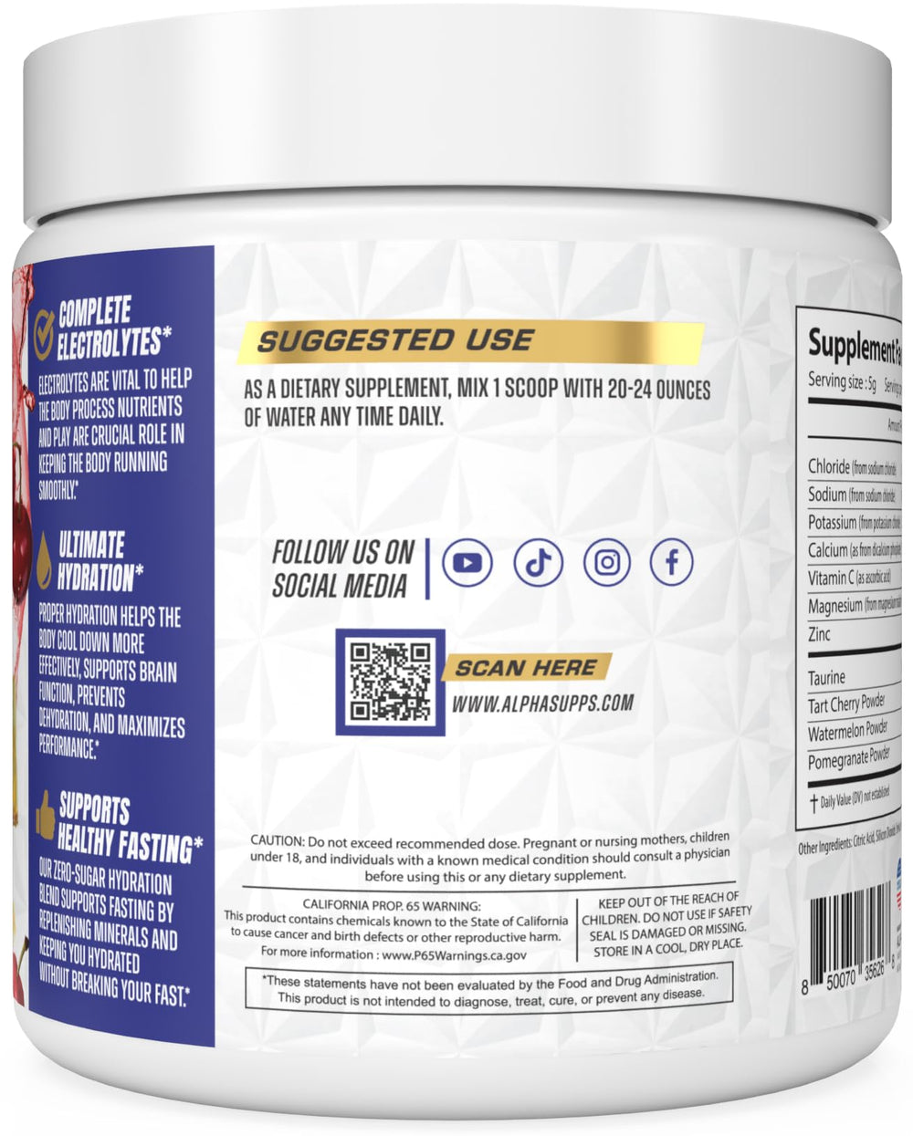 Alpha Supps Alpha Lytes front packaging showing 60 servings and sugar-free claim.