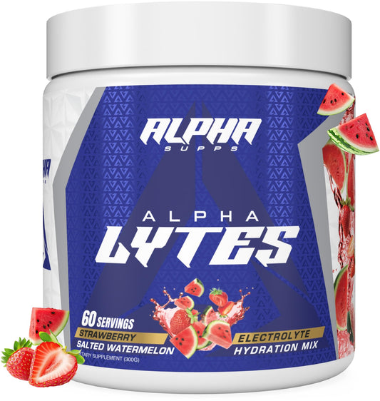 Alpha Lytes powder tub front for zero-sugar hydration on active days.