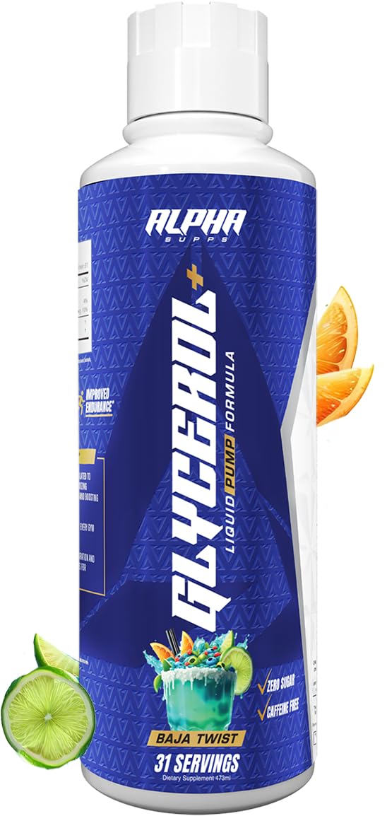 Alpha Supps Glycerol+ bottle pour demonstrates rapid hydration for workouts.