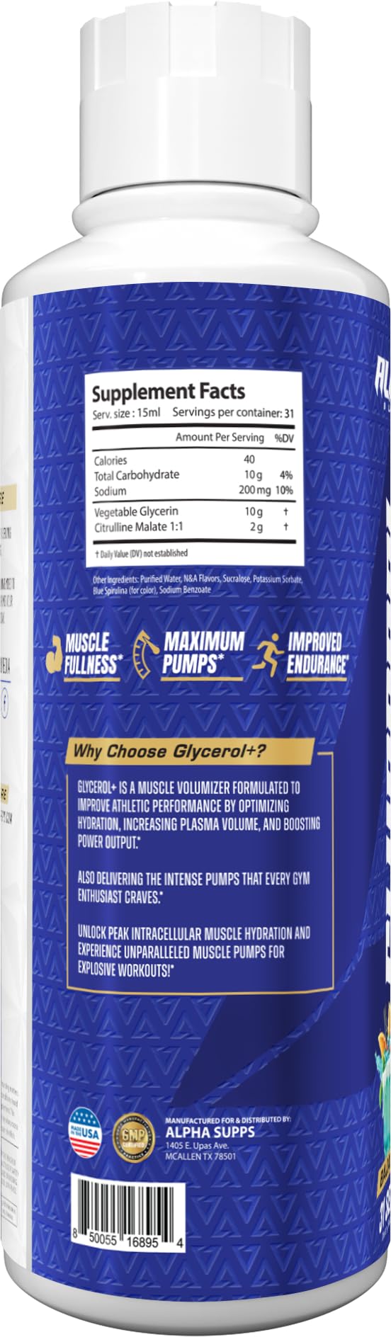 Alpha Supps Glycerol+ ingredients panel highlights citrulline and glycerol benefits.