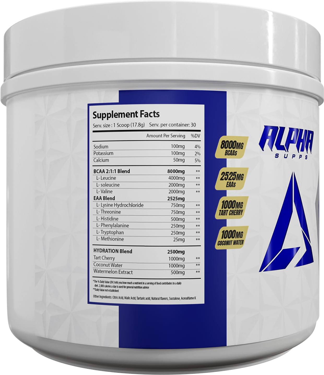 Tub label of Alpha Supps Hydro 9 Aminos Juicy Watermelon with 30 servings