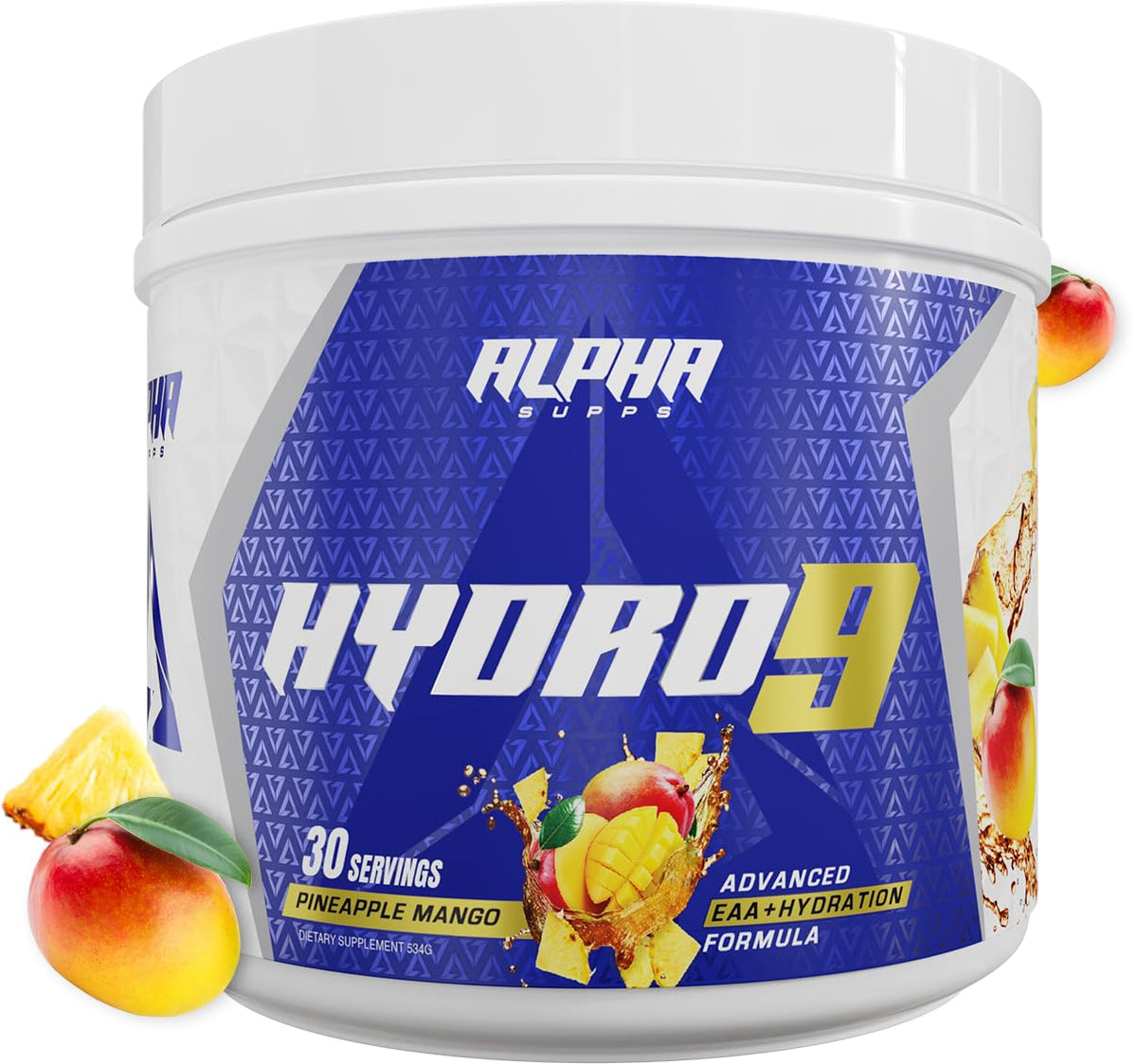Alpha Supps Hydro 9 Aminos pineapple mango bottle with hydration formula for workouts