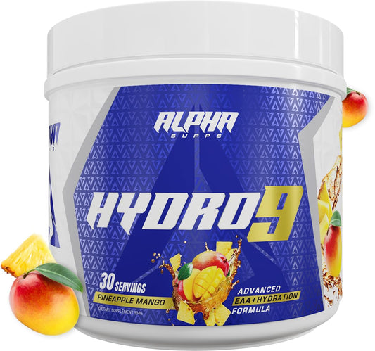 Alpha Supps Hydro 9 Aminos pineapple mango bottle with hydration formula for workouts