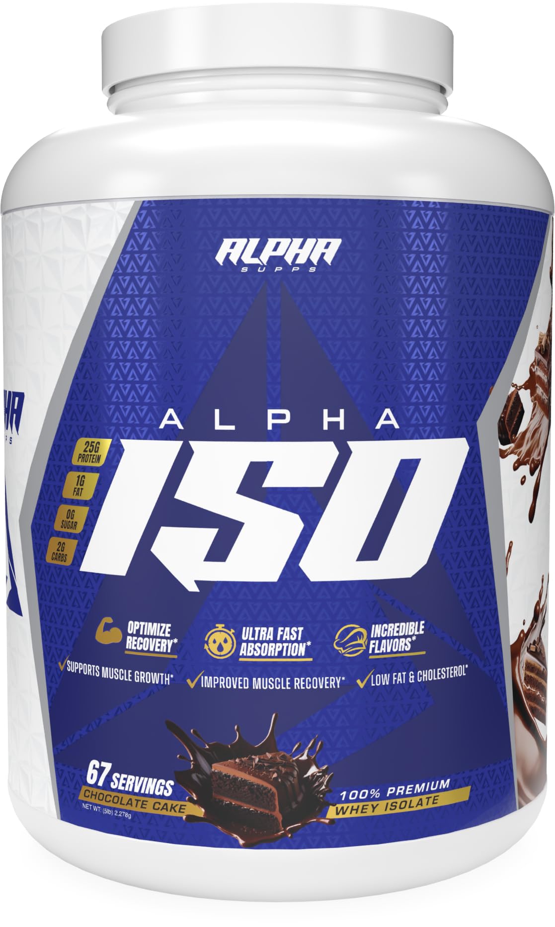 Alpha Supps ISO chocolate cake powder in bowl appealing for dessert-like shakes.