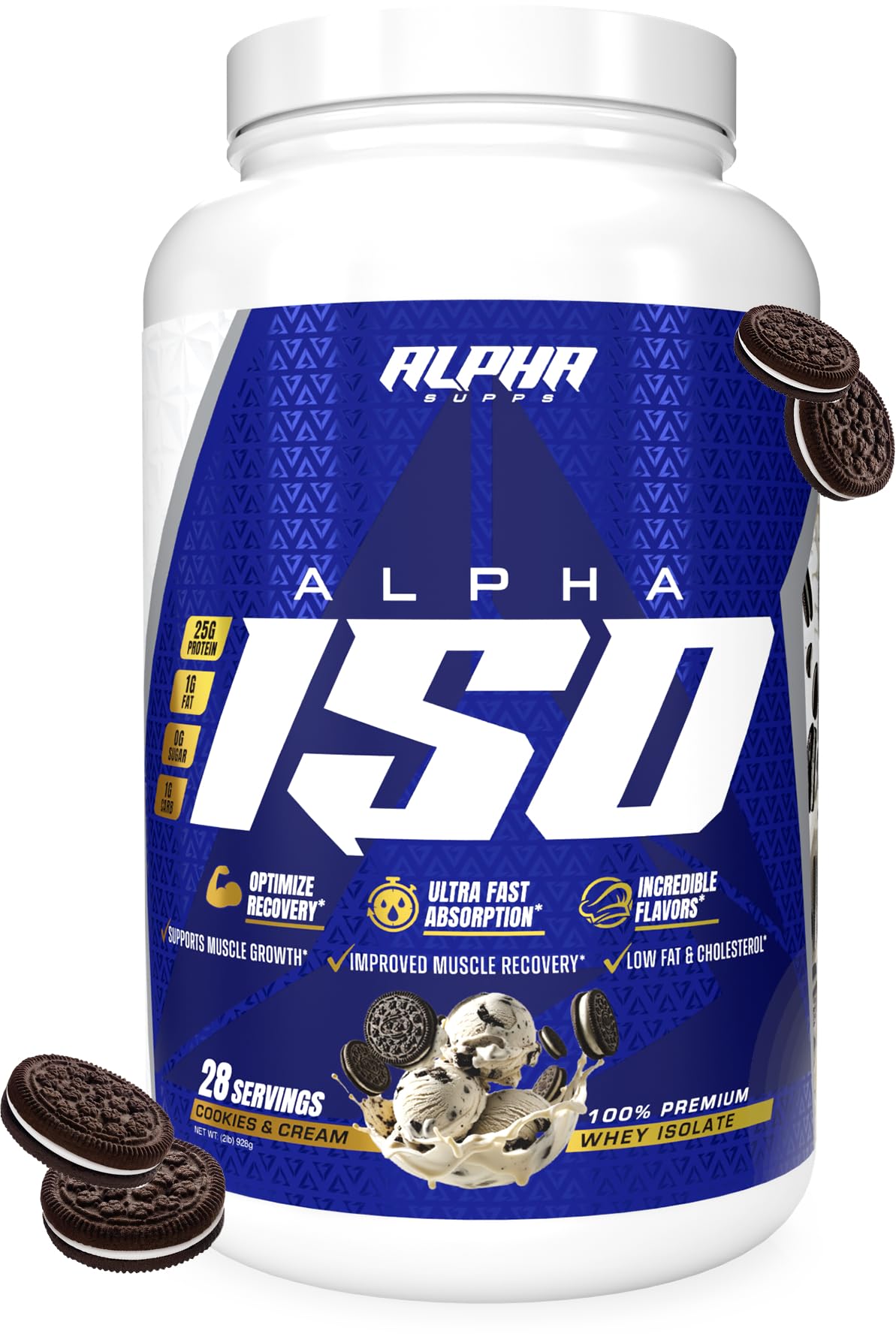 Alpha Supps ISO protein tub showing 25 g protein per serving for post-workout recovery