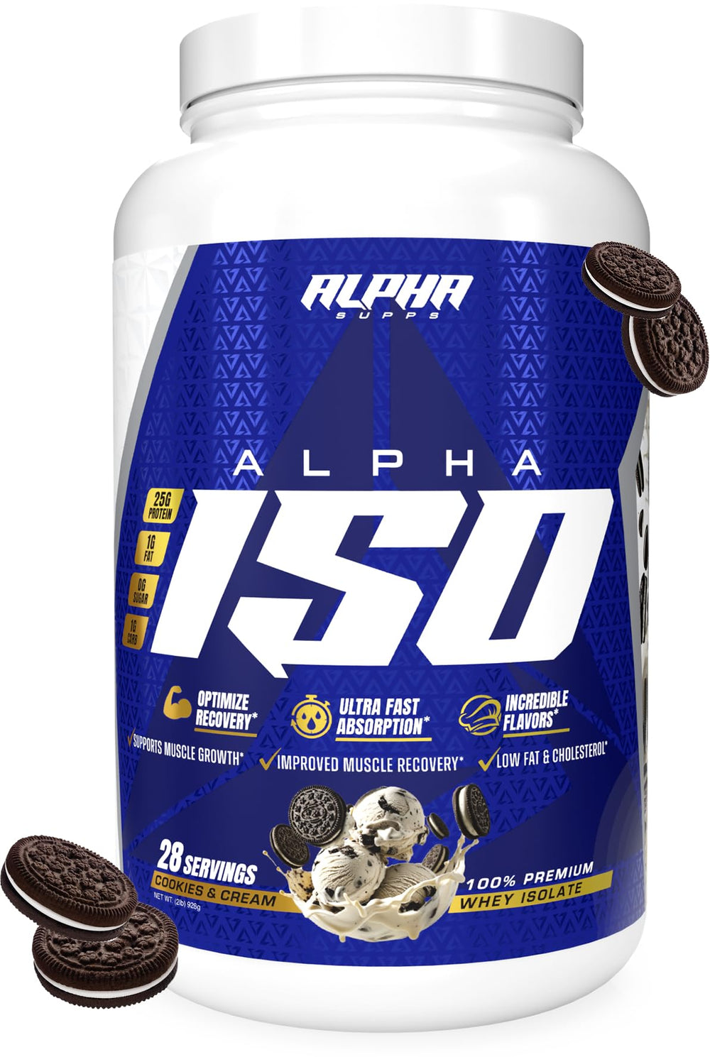 Alpha Supps ISO protein tub showing 25 g protein per serving for post-workout recovery
