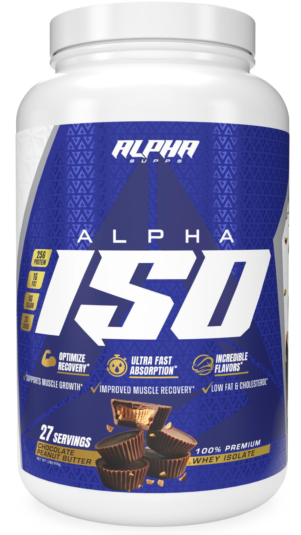 Alpha Supps ISO chocolate-peanut-butter shake in glass highlights rich flavor