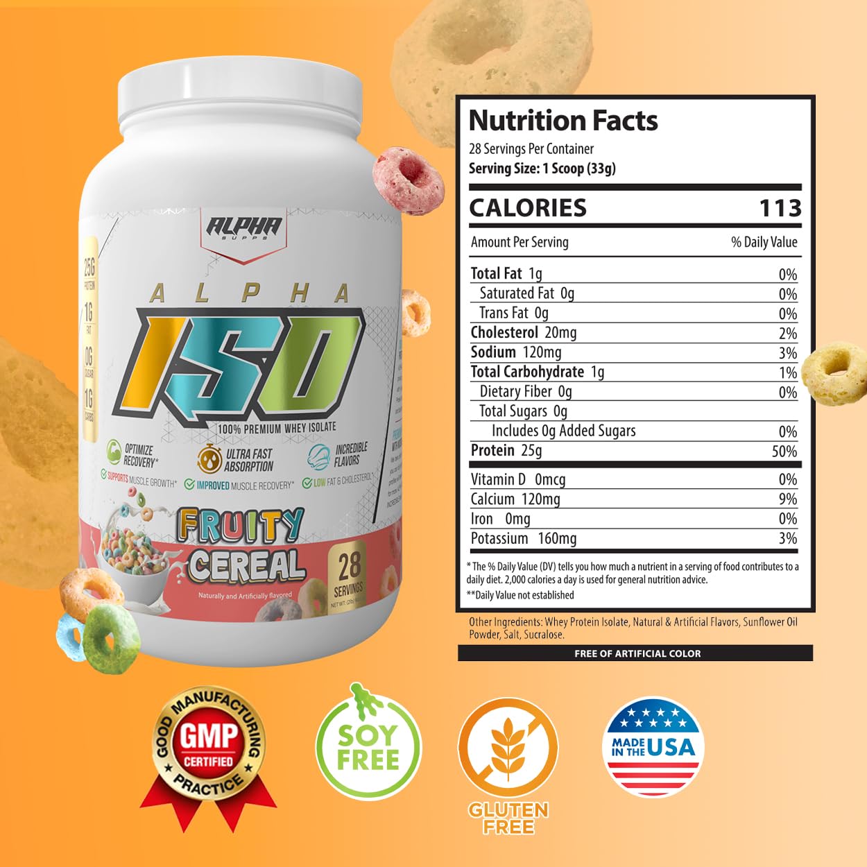 Alpha Supps ISO whey measured in cup for precise servings.
