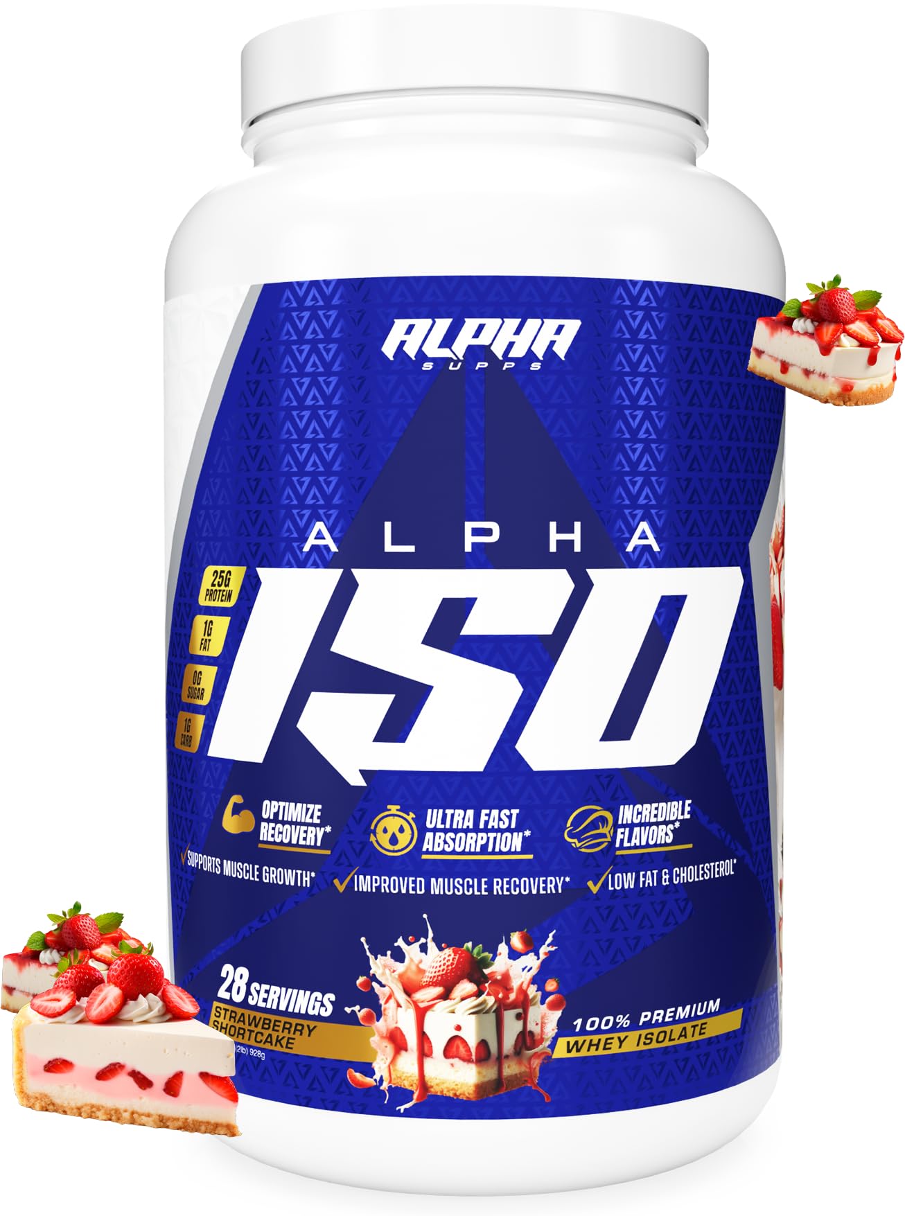 Alpha Supps ISO bottle with Strawberry Shortcake flavor for post-workout recovery