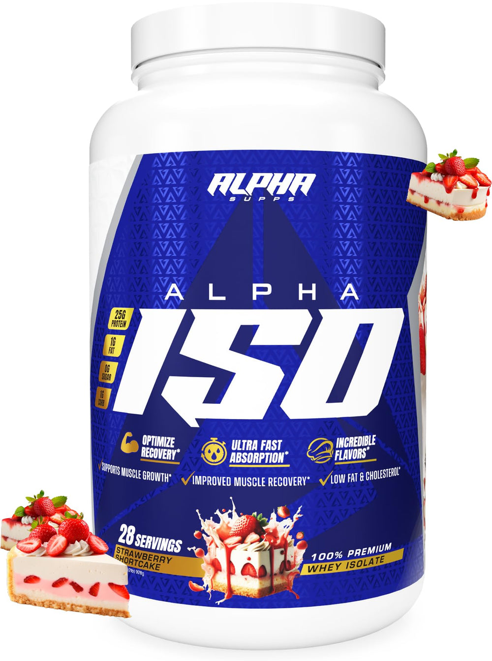 Alpha Supps ISO bottle with Strawberry Shortcake flavor for post-workout recovery