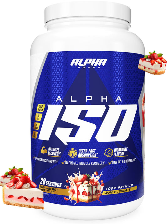 Alpha Supps ISO bottle with Strawberry Shortcake flavor for post-workout recovery