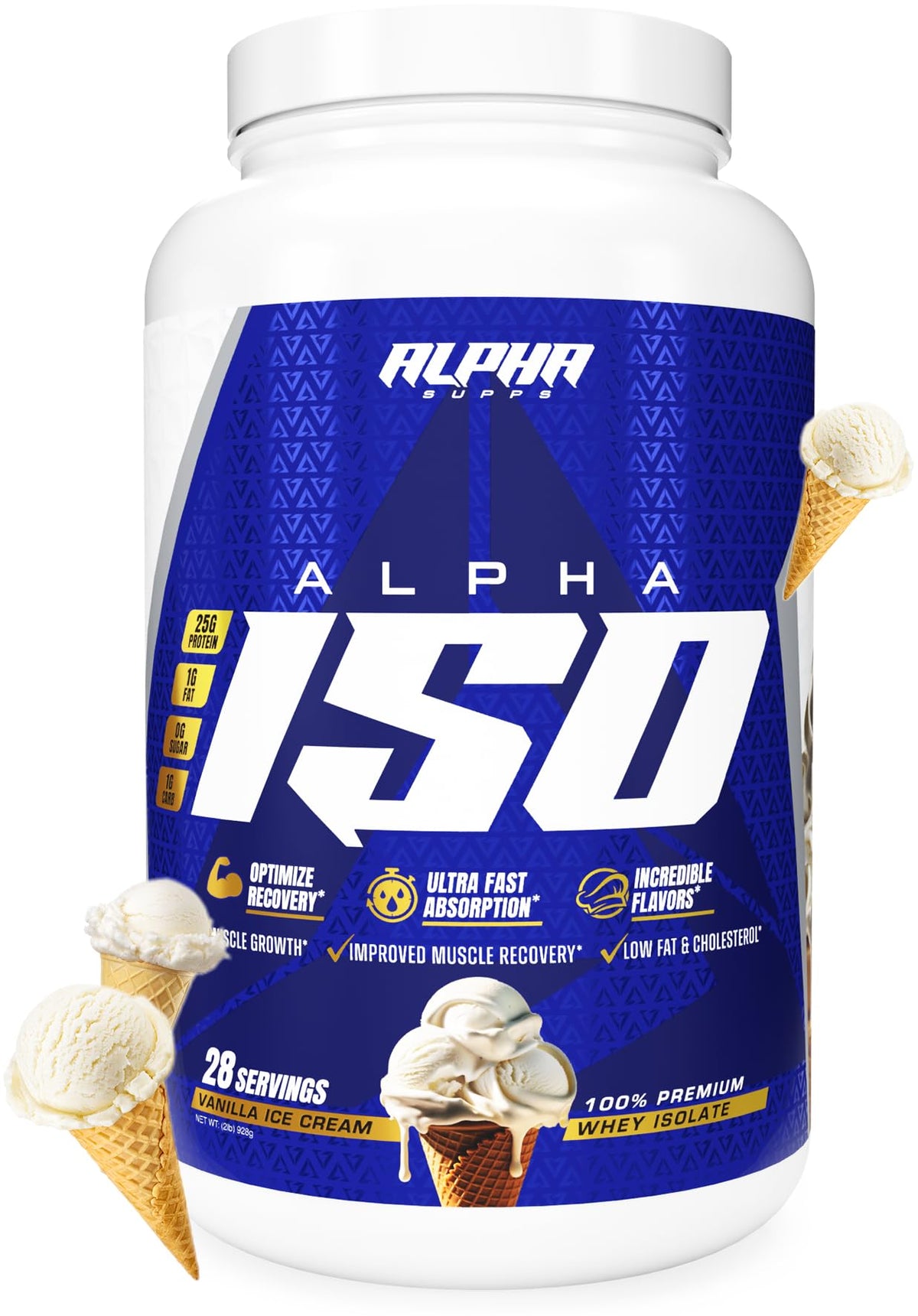 Alpha Supps ISO protein tub with vanilla label for post-workout support