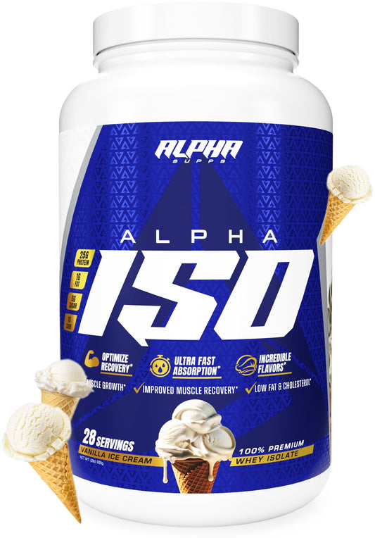 Alpha Supps ISO protein tub with vanilla label for post-workout support
