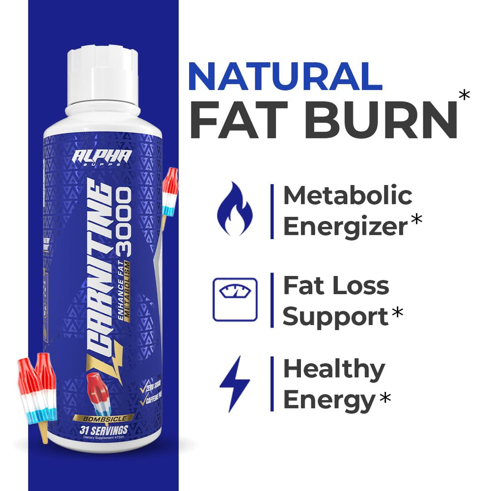 Bombsicle flavor bottle of Alpha Supps L-Carnitine Liquid 3000 for tasty energy.