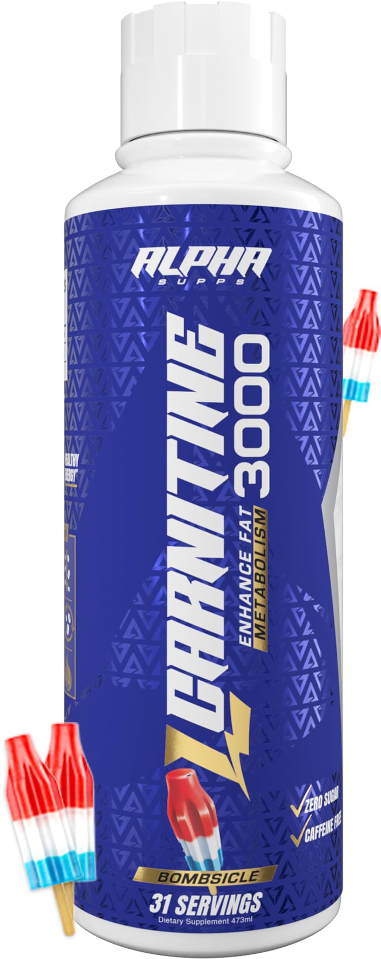 Alpha Supps L-Carnitine Liquid 3000 bottle on table for stimulant-free energy support.