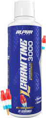 Alpha Supps L-Carnitine Liquid 3000 bottle on table for stimulant-free energy support.