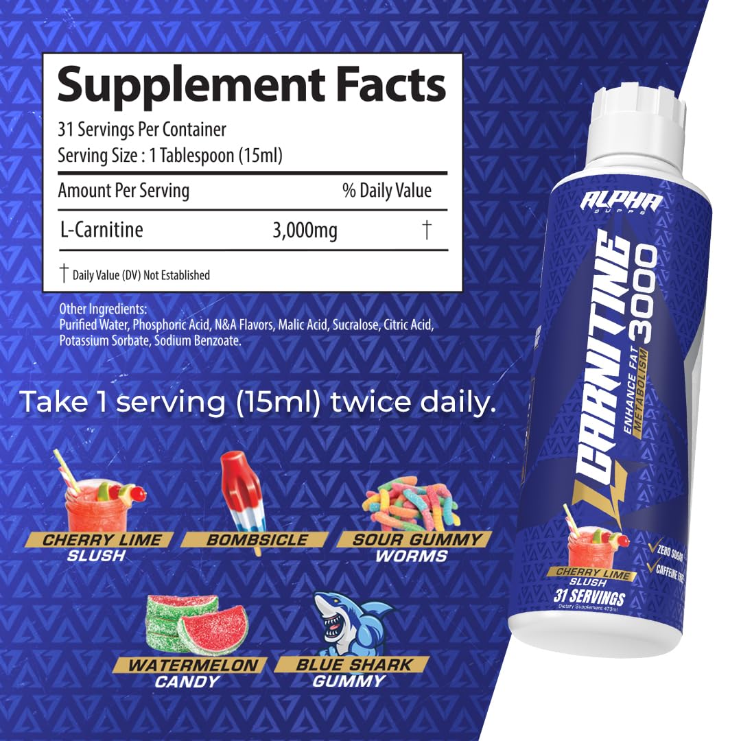 Close-up of Alpha Supps L-Carnitine Liquid 3000 label showing 3000 mg dose.