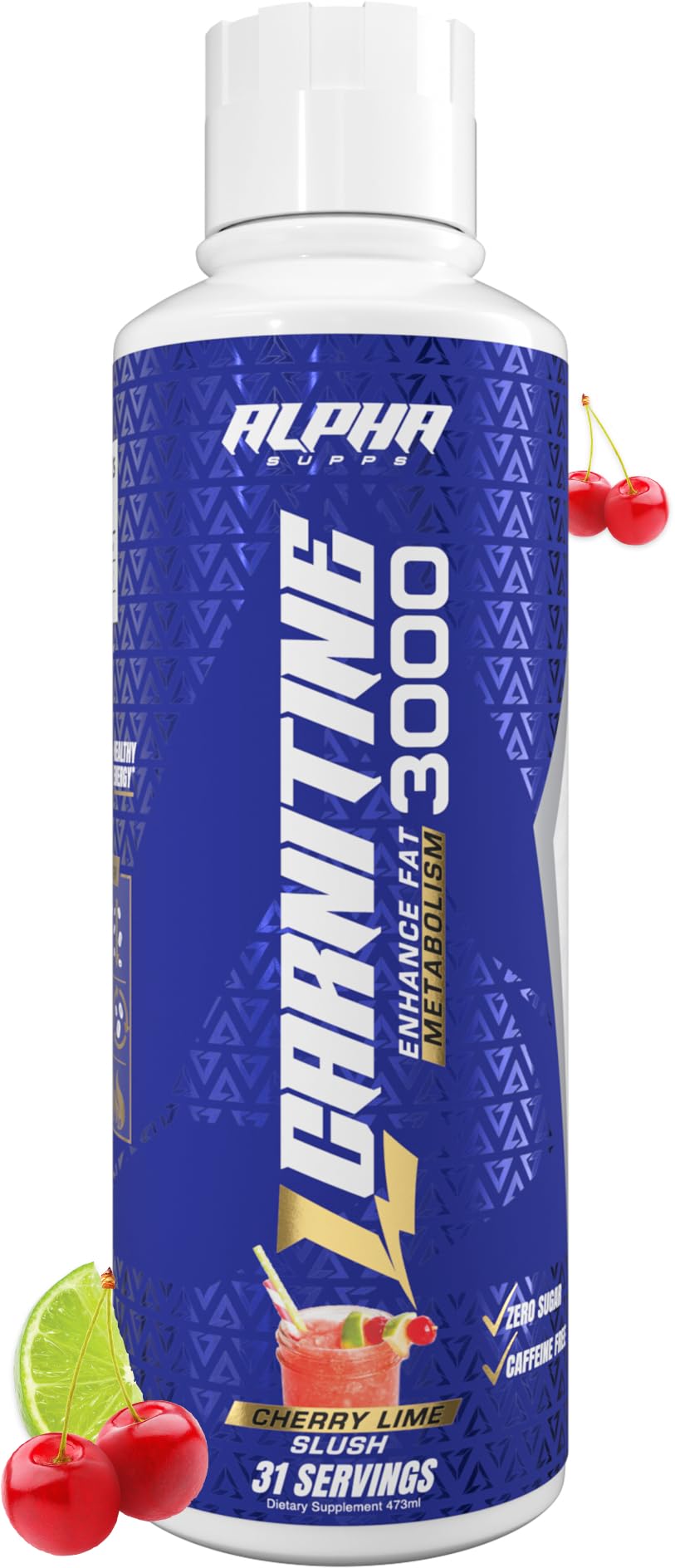 Alpha Supps Liquid L-Carnitine 3000 bottle front view for convenient dosing.