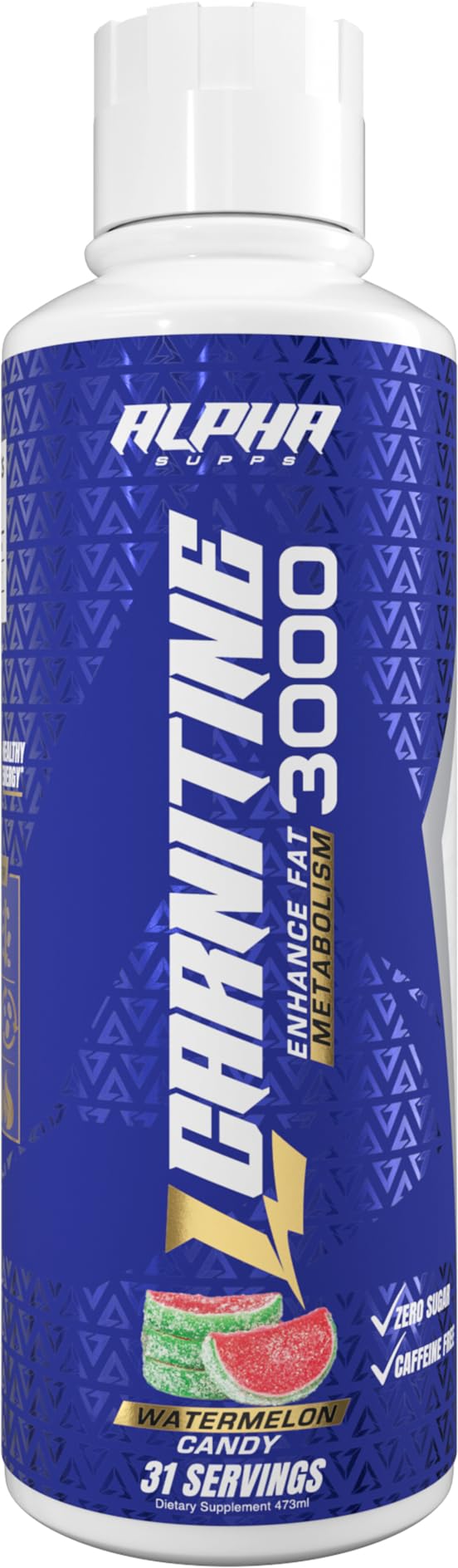Alpha Supps Liquid L-Carnitine 3000 bottle in Watermelon Candy flavor for on-the-go energy.