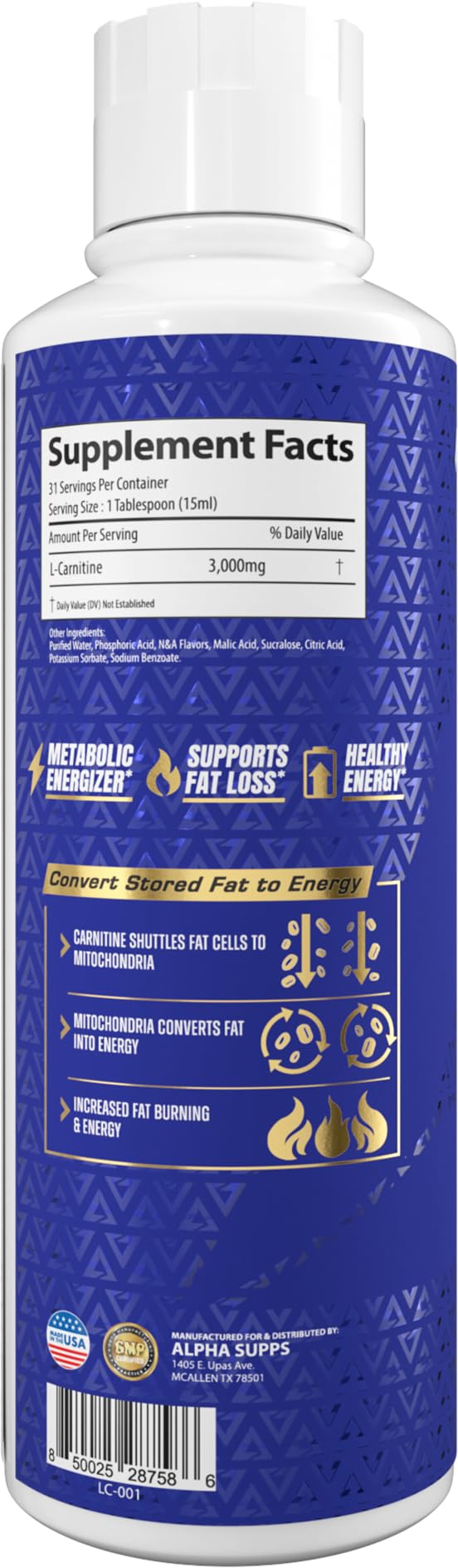Clear glass of liquid L-Carnitine 3000 from Alpha Supps during a workout routine.