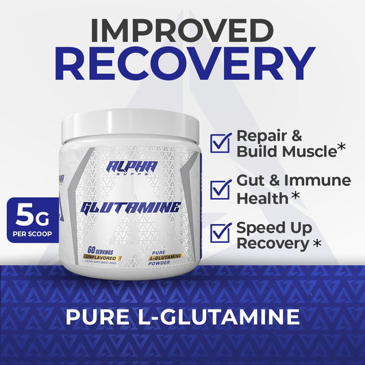 Alpha Supps unflavored L-Glutamine being stirred into a shake for gut health