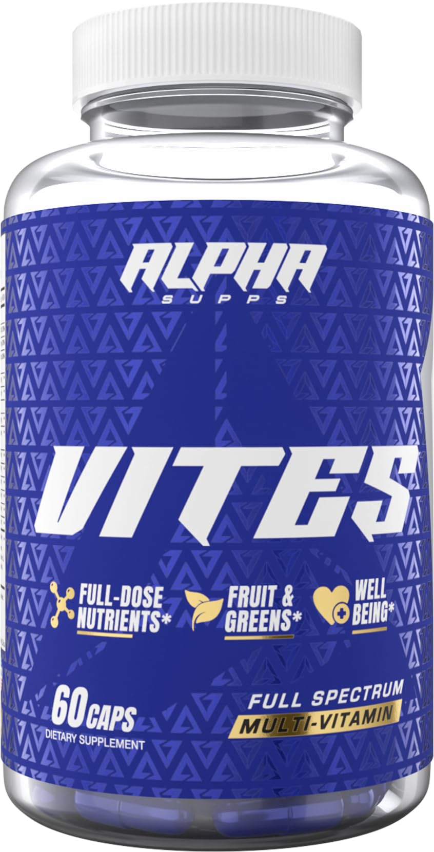 Alpha Supps Vites multivitamin bottle front for daily energy and men's wellness.