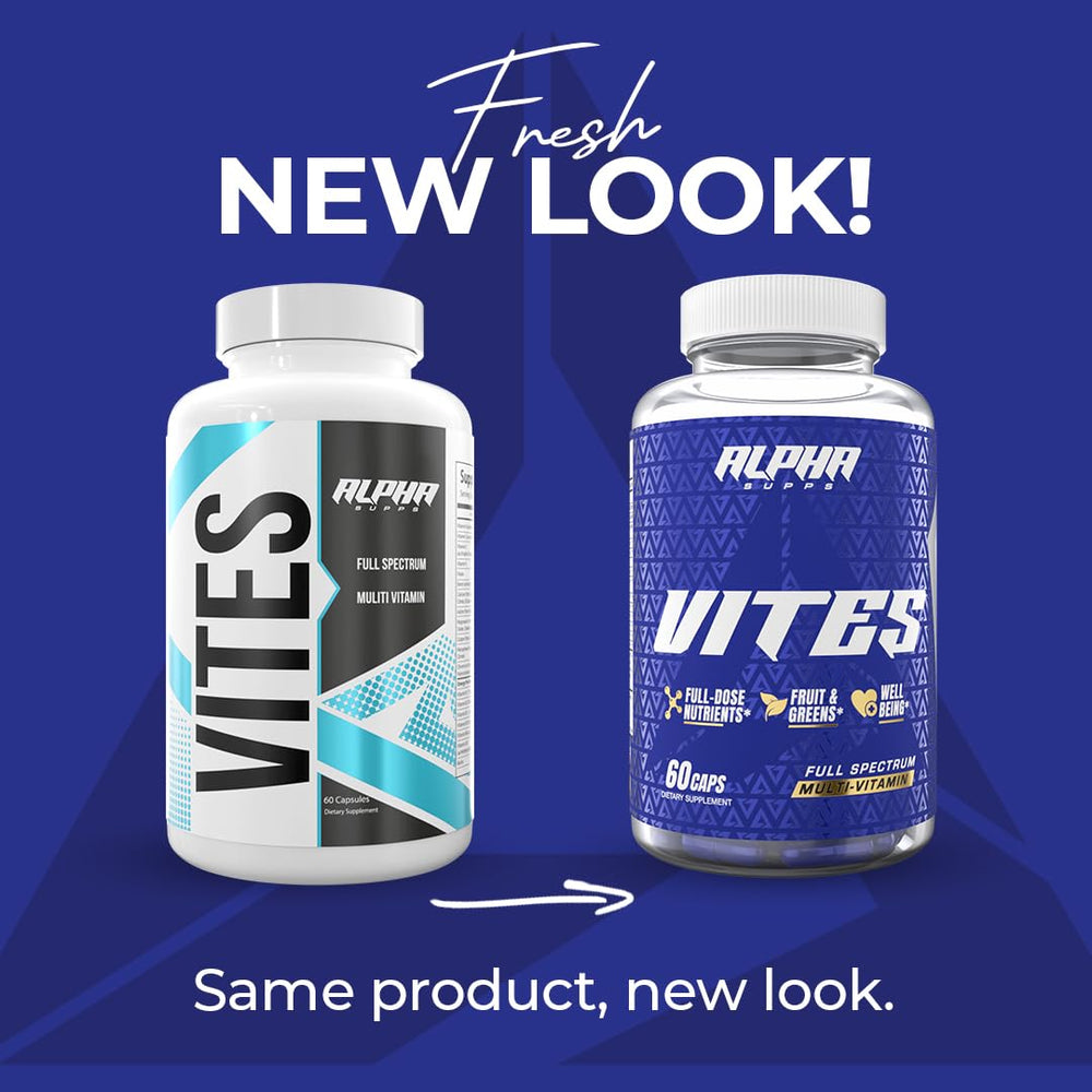 Alpha Supps Vites label close-up highlighting vitamins and minerals.