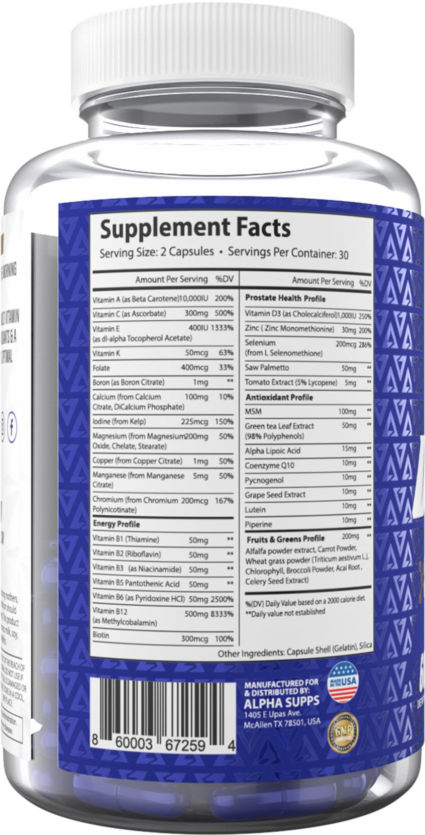 Close-up of capsules from Alpha Supps Vites for convenient daily intake.