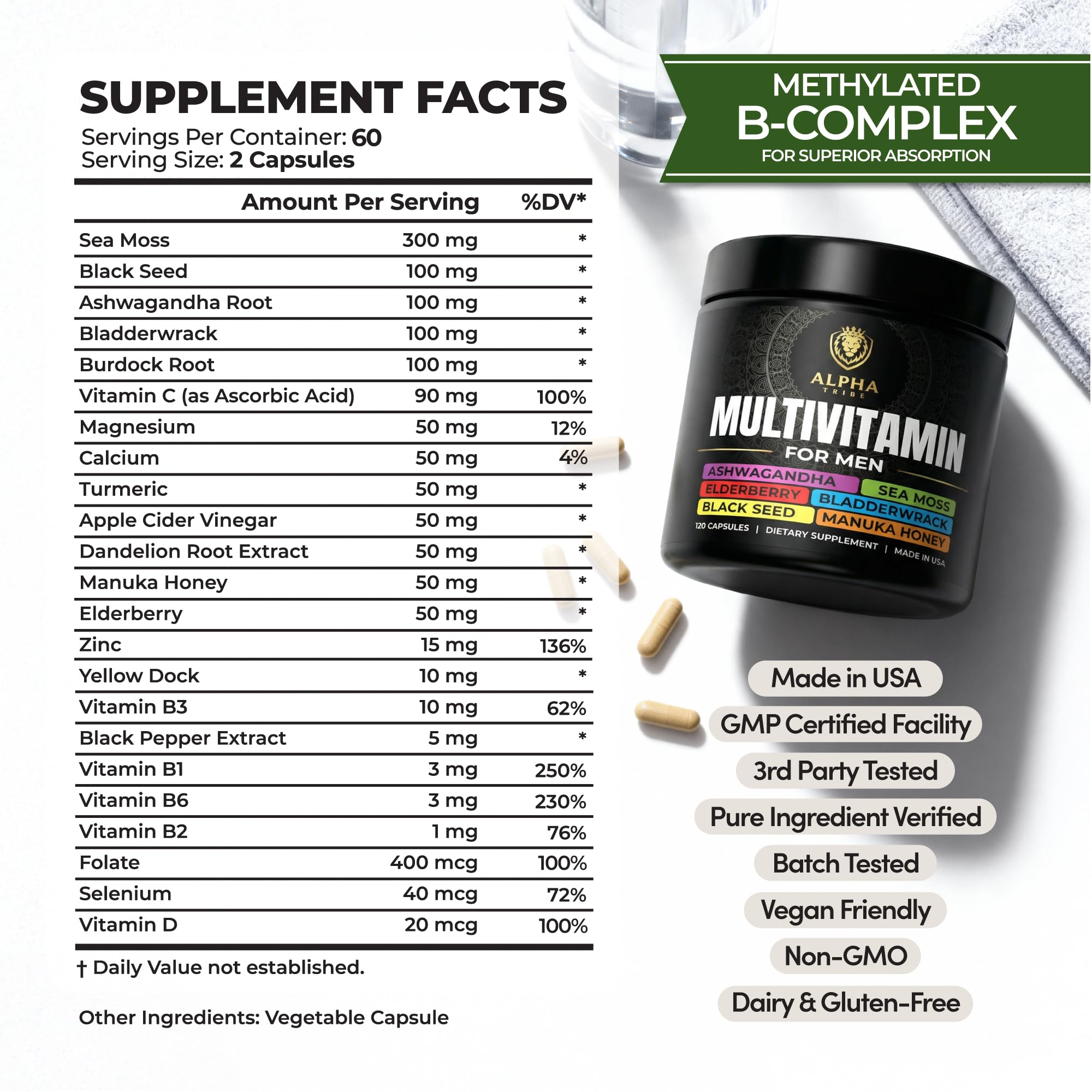 Alpha Tribe multivitamin men capsules closeup for convenient dosing