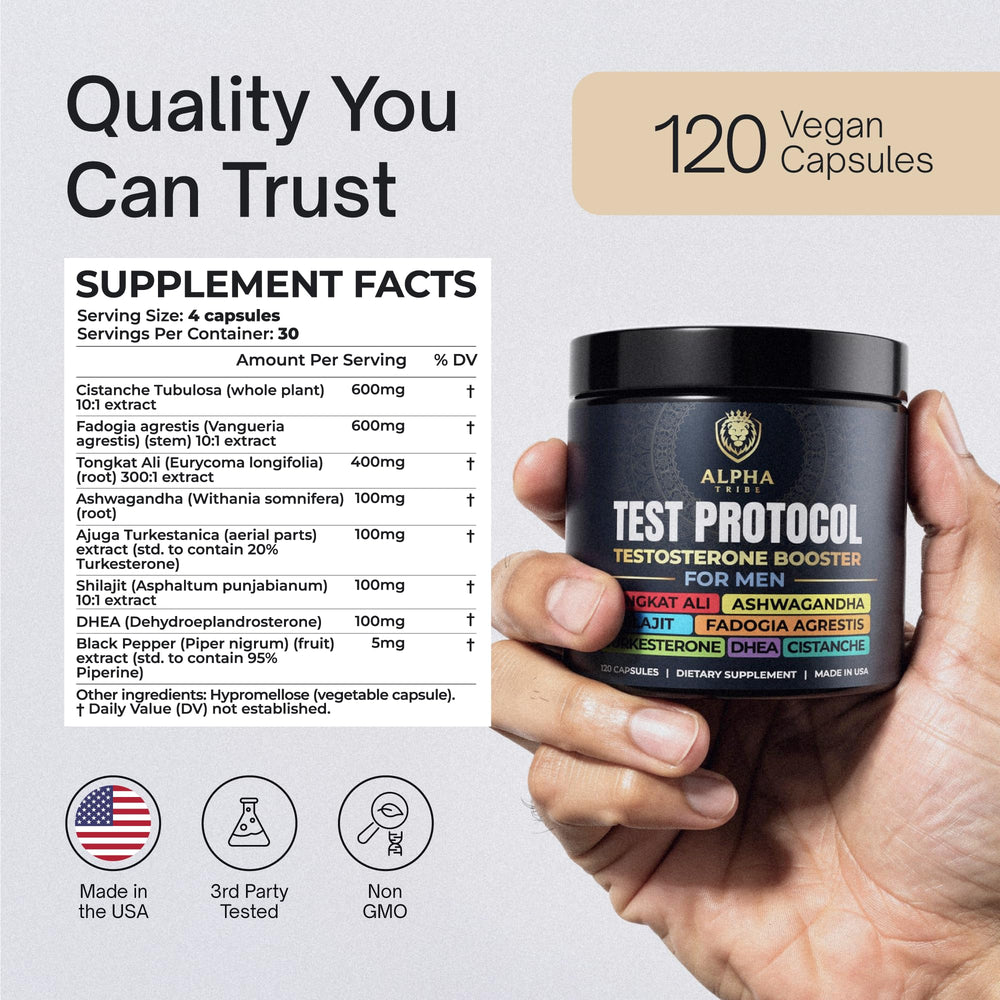 Alpha Tribe Test Protocol bottle side shows capsules for daily maintenance
