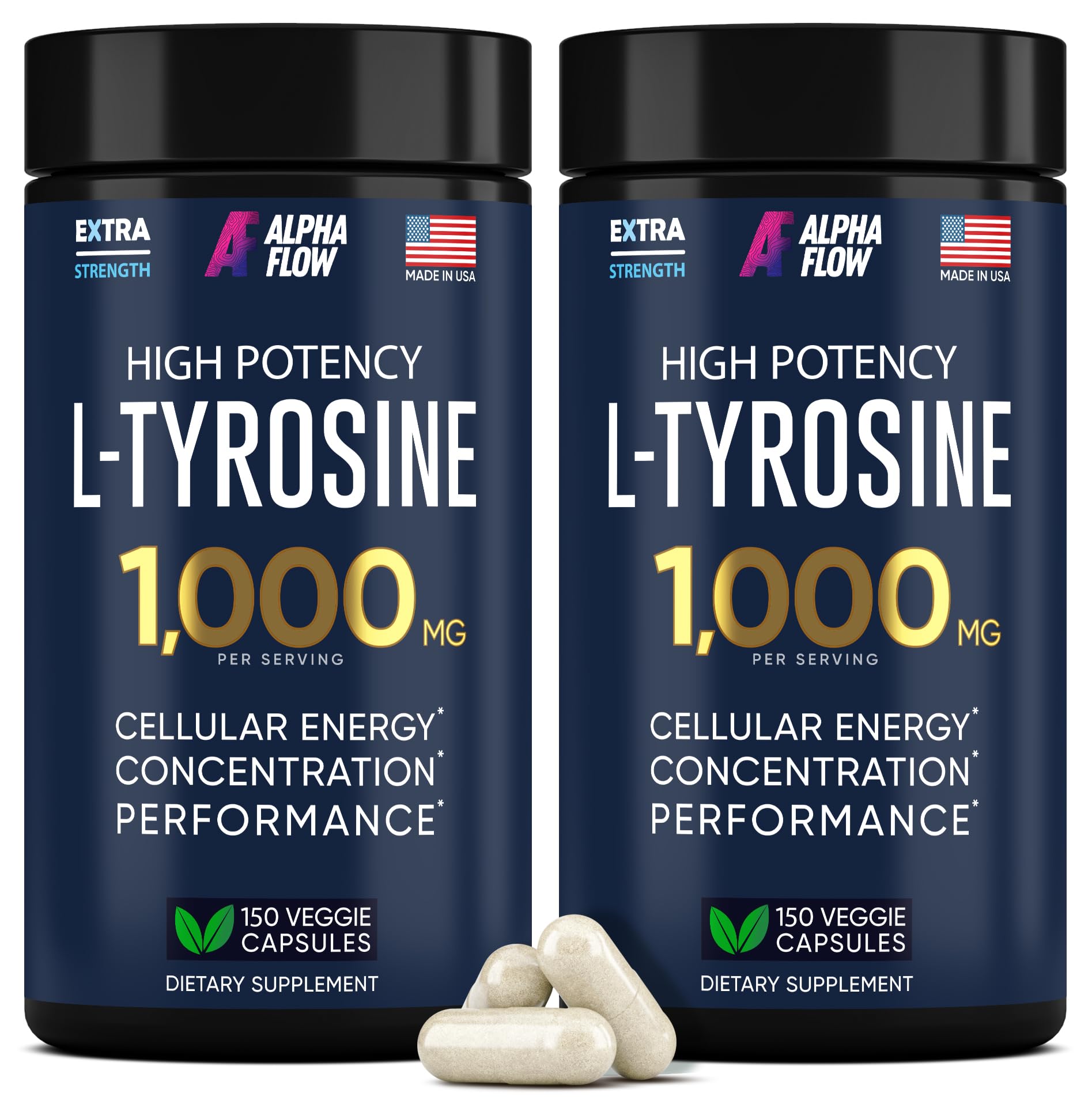 Alpha Flow L-Tyrosine 1000mg bottle supports focus and mood during busy days.
