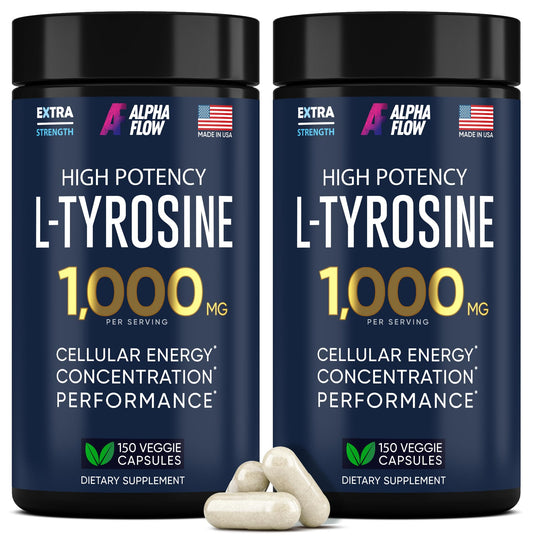 Alpha Flow L-Tyrosine 1000mg bottle supports focus and mood during busy days.