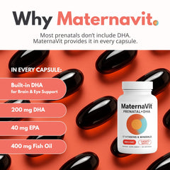 AlphaHealth MaternaVit omega-3 softgel highlights daily DHA/EPA.
