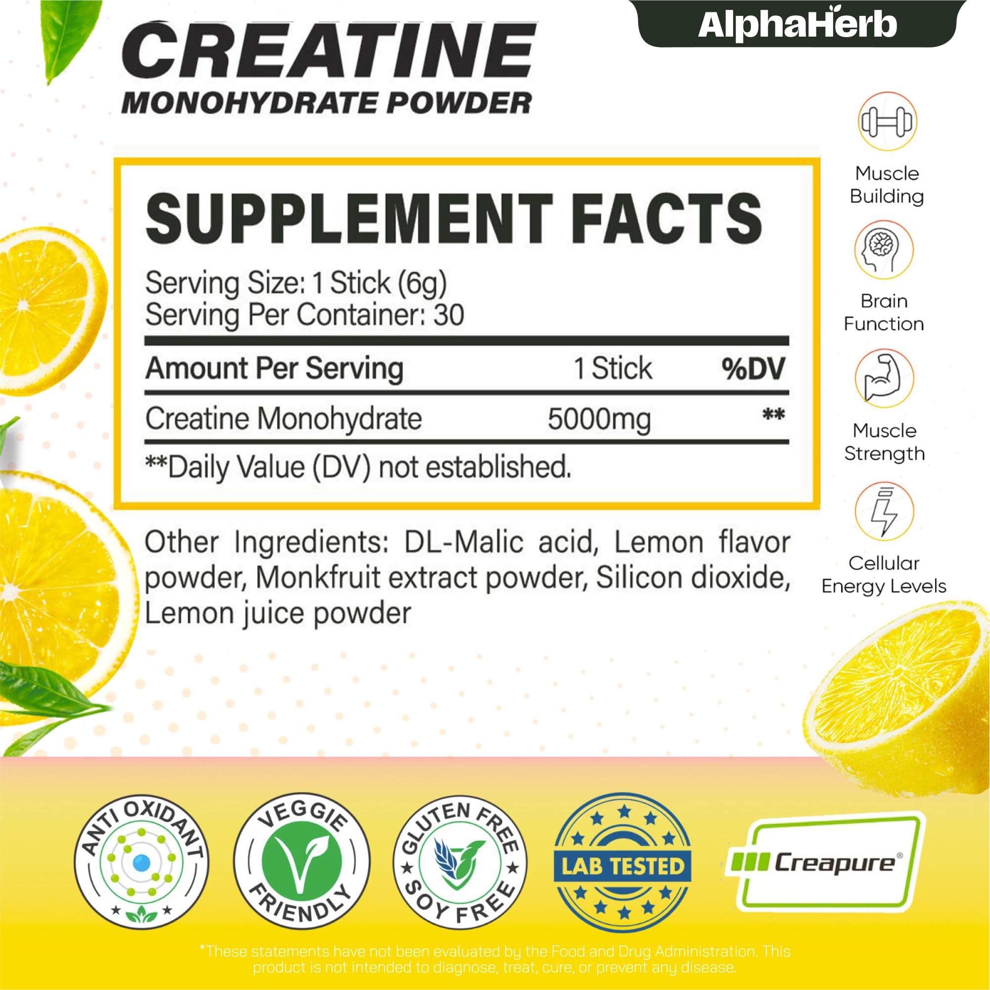 AlphaHerb Creapure Creatine Lemon stick pack dissolves quickly in water.