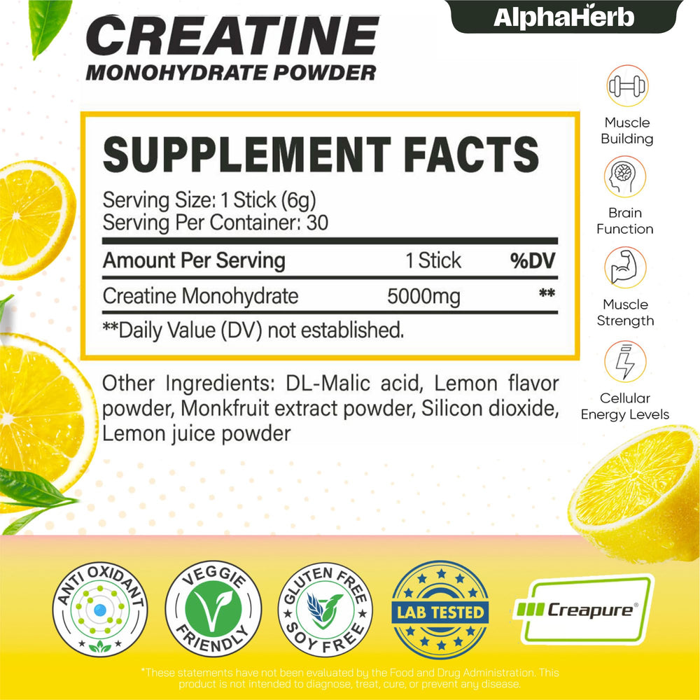 AlphaHerb Creapure Creatine Lemon stick pack dissolves quickly in water.