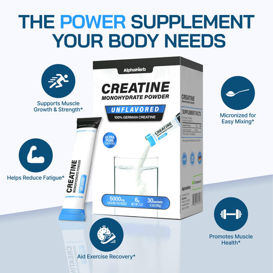 AlphaHerb Creatine Monohydrate front view showing unflavoured sticks for easy mixing.
