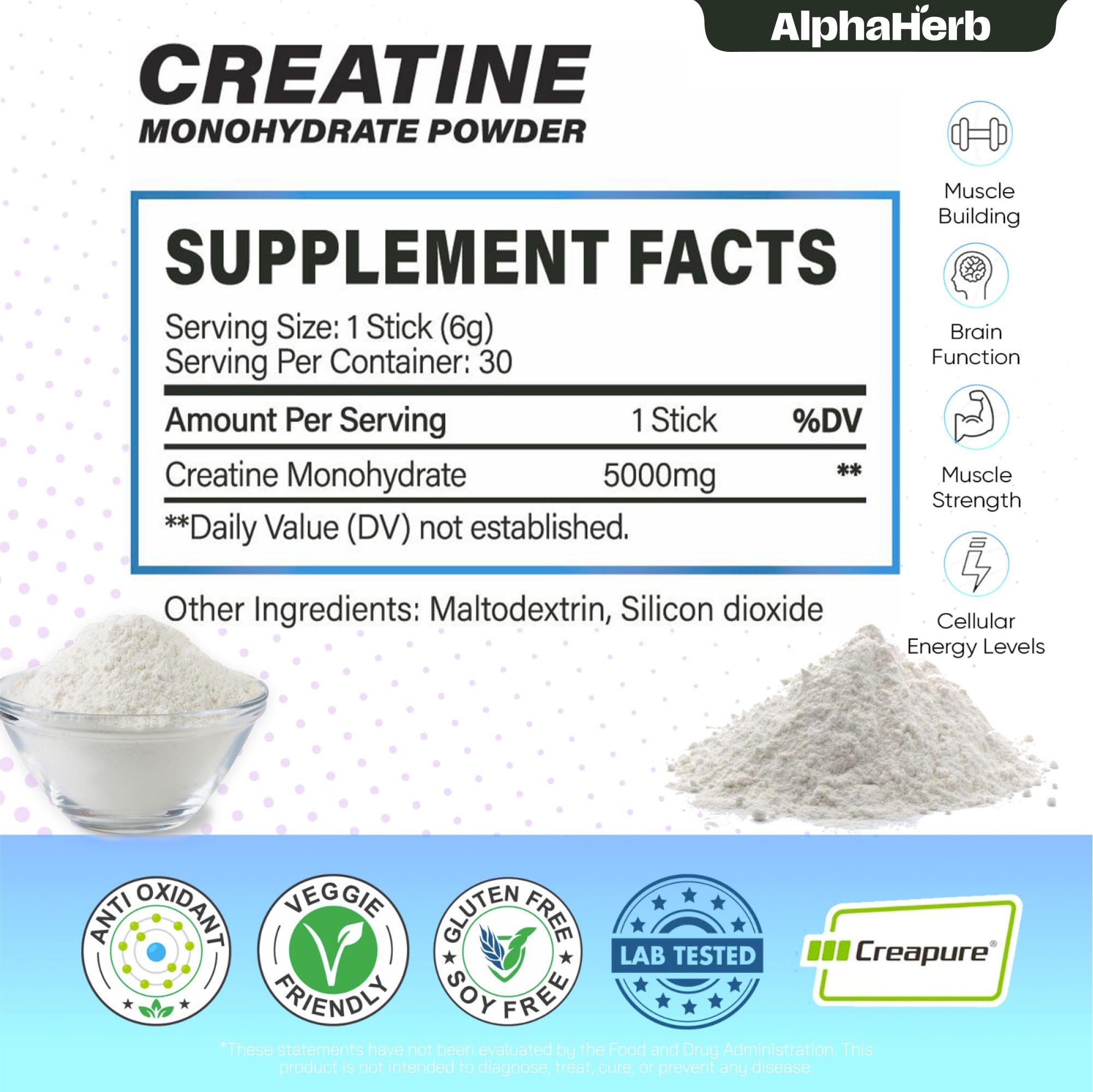 AlphaHerb Creatine Monohydrate ingredients label highlighting Creapure purity.
