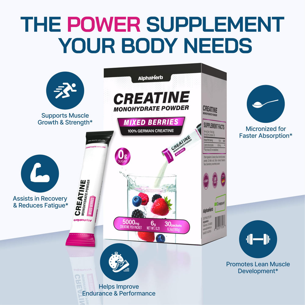 AlphaHerb Creapure stick packs deliver 5000mg of creatine per serving
