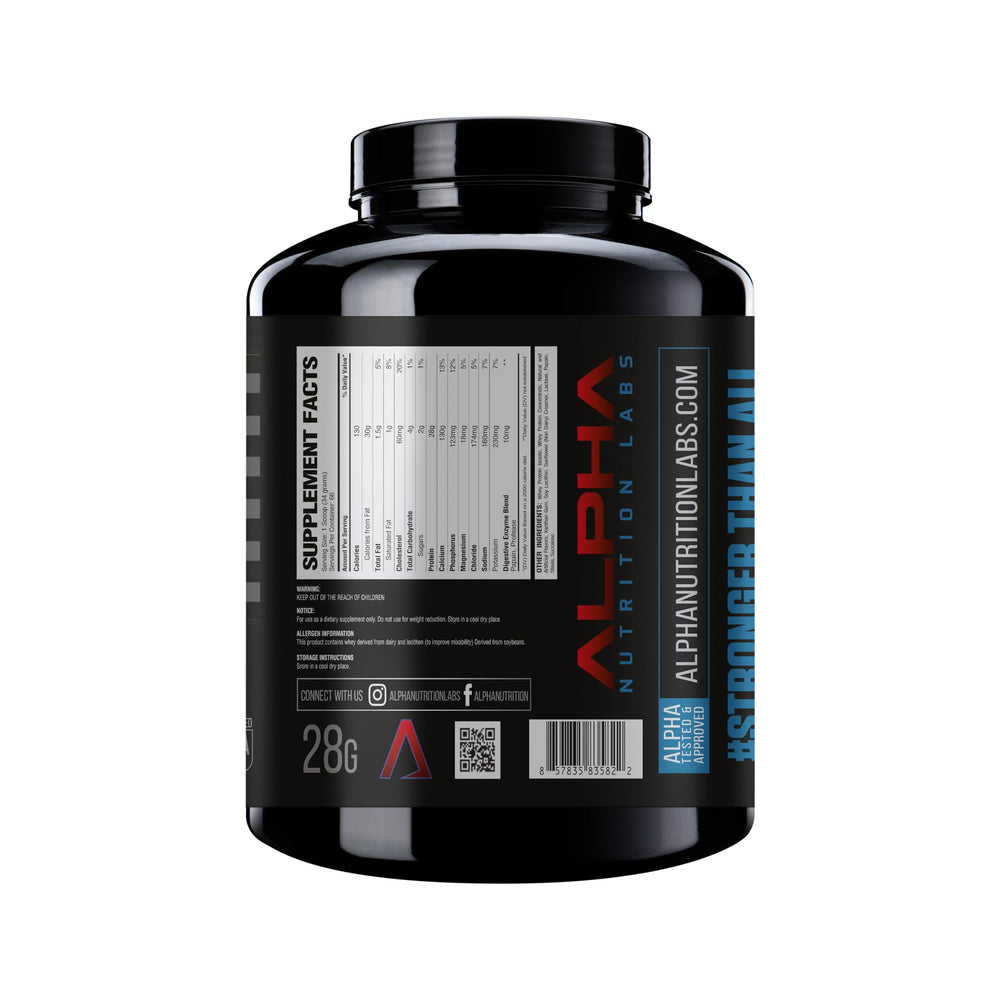 Alpha Nutrition Labs Whey Isolate Vanilla scoop beside powder for quick shake