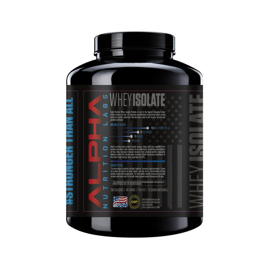 Alpha Nutrition Labs Whey Isolate Vanilla label close-up highlighting low carb profile