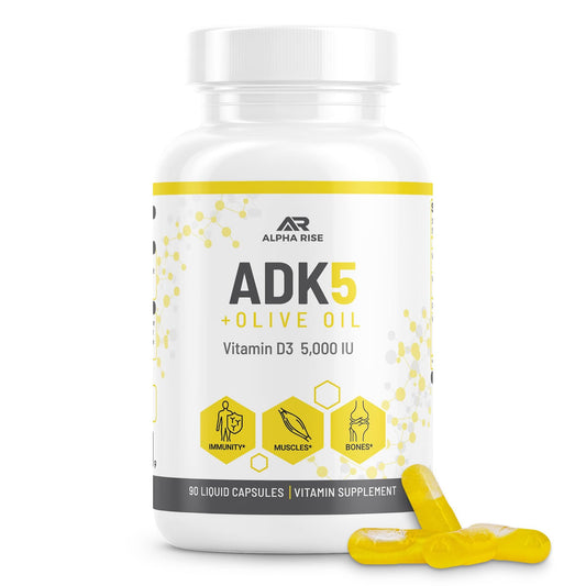 ALPHA RISE ADK bottle with olive oil emphasizes enhanced absorption