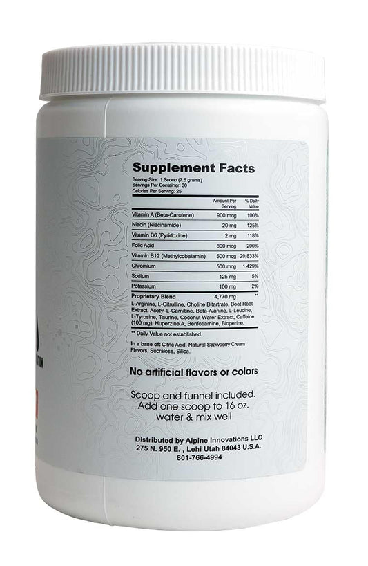 Close-up of Alpine Innovations label on Body Fuel Focus Energy for clear ingredients.