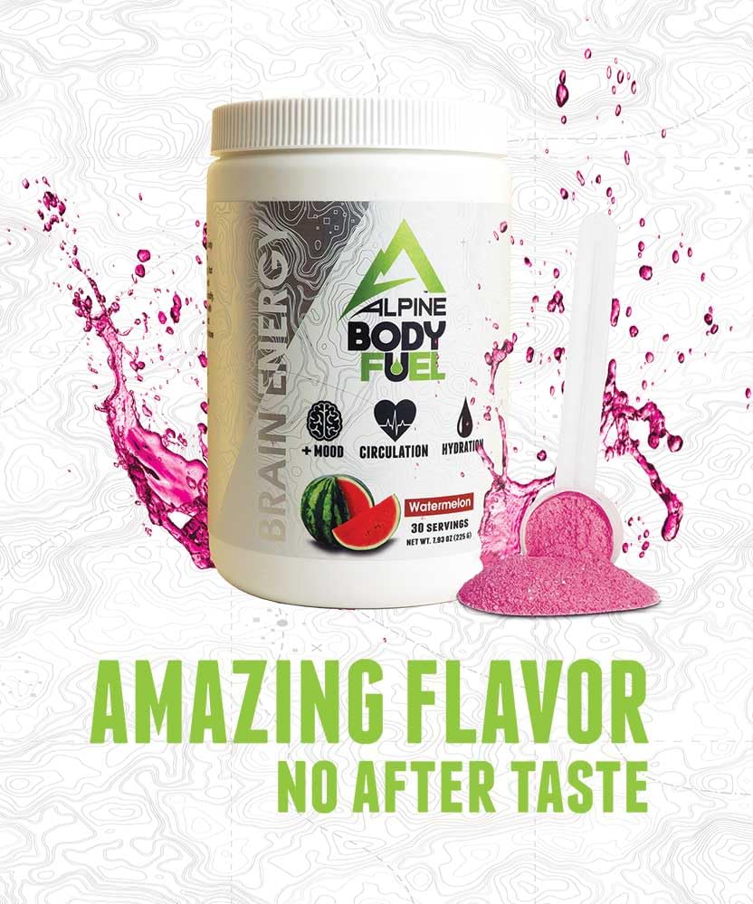 Alpine Innovations Body Fuel glass with Watermelon mix ready to sip for a focused boost.