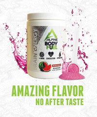 Alpine Innovations Body Fuel glass with Watermelon mix ready to sip for a focused boost.