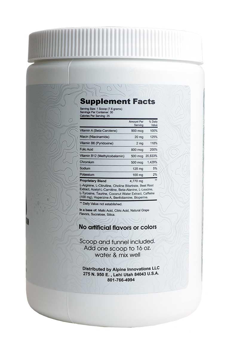 Alpine Innovations Body Fuel grape tub side view highlights flavor and convenient packaging for daily use.